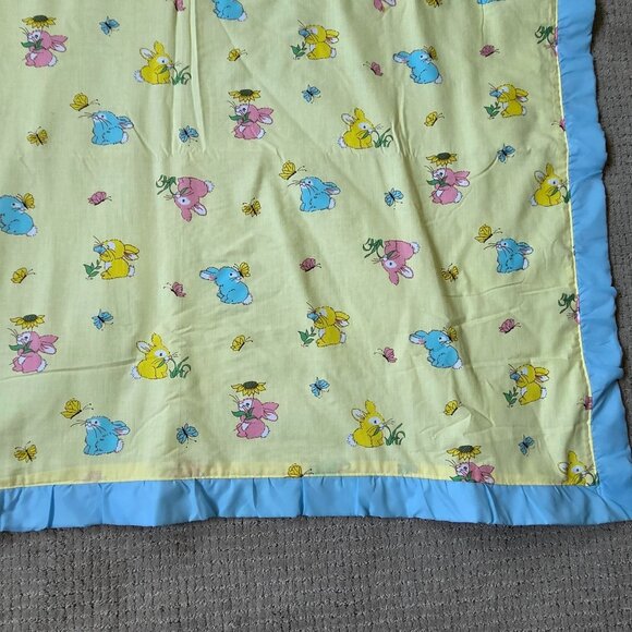 Vintage Cannon Mills Baby Blanket Yellow Bunnies Satin Trim Pastel  37" x 45" - Picture 4 of 10